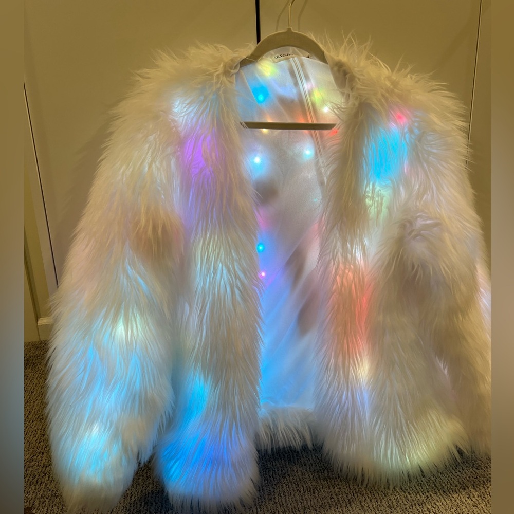 Light up faux fur white coat
